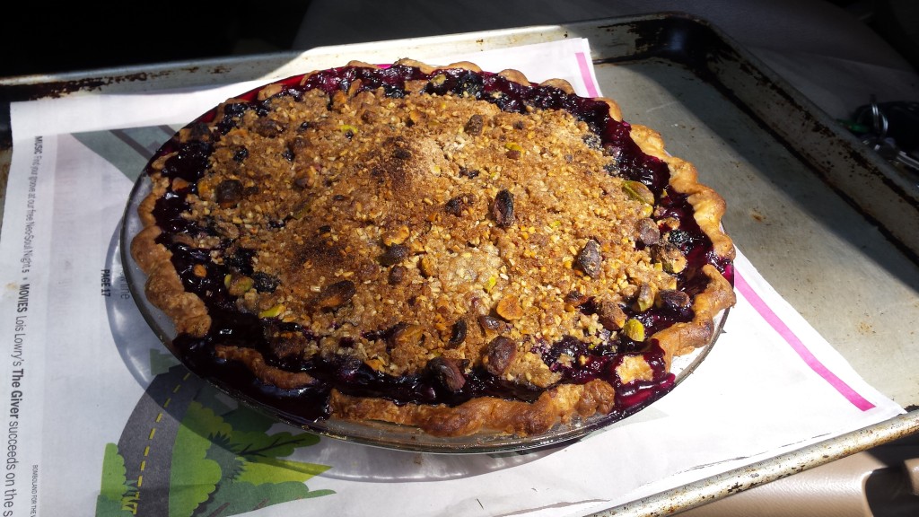 Warm blueberry & corn pie, ready for its ride home in the car. Smells so good!